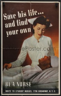 4c0200 BE A NURSE 14x22 WWII war poster 1943 nurse taking care of her injured patient, ultra rare!