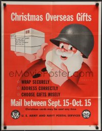 4c0207 CHRISTMAS OVERSEAS GIFTS 21x27 WWII war poster 1945 art of Santa with army helmet giving tips!