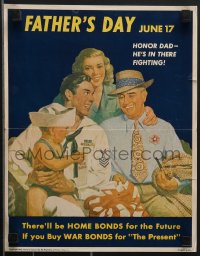 4c0210 FATHER'S DAY JUNE 17 11x14 WWII war poster 1945 soldier and family holding a war bond, rare!