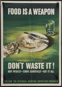 4c0212 FOOD IS A WEAPON 16x23 WWII war poster 1943 table setting after a meal with bones, rare!