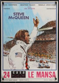 4c0148 LE MANS Yugoslavian 19x27 1971 art of race car driver Steve McQueen waving at fans!