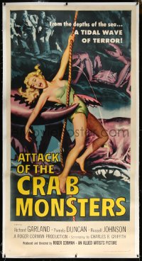 4d0006 ATTACK OF THE CRAB MONSTERS linen 3sh 1957 Roger Corman, art of sexy girl & beast, very rare!