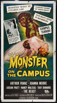4d0023 MONSTER ON THE CAMPUS linen 3sh 1958 art of test tube terror carrying girl in nightgown, rare!