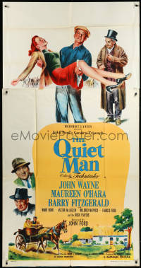 4d0197 QUIET MAN 3sh 1952 art of John Wayne carrying bride Maureen O'Hara, John Ford classic!