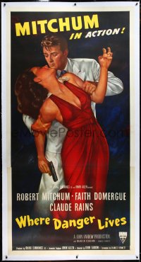 4d0037 WHERE DANGER LIVES linen style B 3sh 1950 classic Zamparelli art of Mitchum grabbing Domergue!