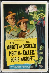 4d0507 ABBOTT & COSTELLO MEET THE KILLER BORIS KARLOFF linen 1sh 1949 great art of scared Bud & Lou!