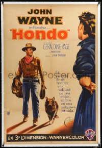 4d0416 HONDO linen 3D Argentinean 1953 cool art of full-length John Wayne with dog by his side, rare!