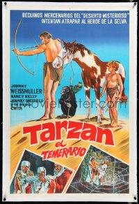 4d0420 TARZAN'S DESERT MYSTERY linen Argentinean R1950s art of Weissmuller, Sheffield & Cheetah!