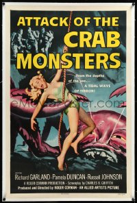 4d0518 ATTACK OF THE CRAB MONSTERS linen 1sh 1957 Roger Corman, art of sexy girl attacked by beast!