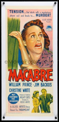 4d0487 MACABRE linen Aust daybill 1958 William Castle, art of terrified woman by Richardson Studio!