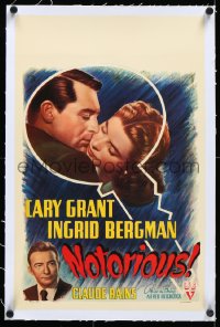 4d0443 NOTORIOUS linen Belgian 1948 art of Cary Grant & Ingrid Bergman in big key, Hitchcock classic!