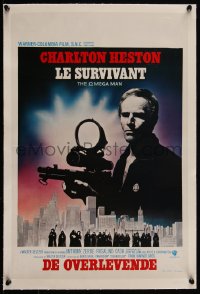4d0444 OMEGA MAN linen Belgian 1971 different image of Charlton Heston with gun over city & mutants!