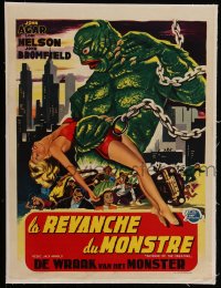 4d0445 REVENGE OF THE CREATURE linen Belgian 1955 different art of chained monster holding sexy girl!