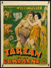4d0447 TARZAN & HIS MATE linen pre-war Belgian 1934 cool art of Weissmuller & O'Sullivan, ultra rare!
