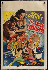 4d0448 THREE CABALLEROS linen Belgian 1950 Donald Duck, Panchito & Joe Carioca, different & rare!