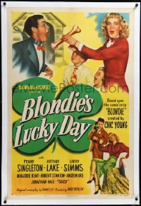4d0534 BLONDIE'S LUCKY DAY linen 1sh 1946 Dagwood's in the dog house, Singleton feeds him bone, rare!