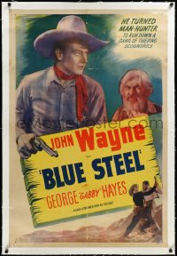 4d0537 BLUE STEEL linen 1sh R1947 cool image of young John Wayne turned man-hunter, Gabby Hayes!