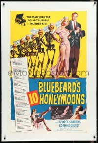4d0538 BLUEBEARD'S 10 HONEYMOONS linen 1sh 1960 wild art of George Sanders with skeleton brides!