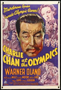 4d0546 CHARLIE CHAN AT THE OLYMPICS linen 1sh 1937 art of Asian detective Warner Oland, ultra rare!