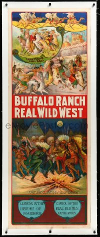 4d0064 BUFFALO RANCH REAL WILD WEST linen 21x56 circus poster 1910s camel races, Indian war dance!