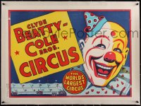 4d0405 CLYDE BEATTY-COLE BROS CIRCUS linen 21x29 circus poster 1960s great big top art of smiling clown!
