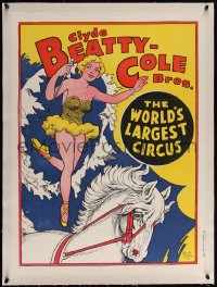 4d0404 CLYDE BEATTY-COLE BROS CIRCUS linen 21x29 circus poster 1960s Butler art of woman on horse!