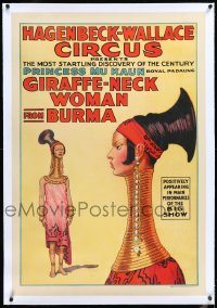 4d0407 HAGENBECK-WALLACE CIRCUS linen 29x42 circus poster 1930s Giraffe-Neck Woman from Burma, rare!