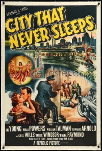 4d0551 CITY THAT NEVER SLEEPS linen 1sh 1953 great art of gunfight under elevated train in Chicago!