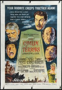 4d0555 COMEDY OF TERRORS linen 1sh 1964 Boris Karloff, Peter Lorre, Vincent Price, Joe E. Brown!
