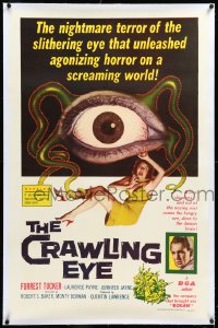 4d0560 CRAWLING EYE linen 1sh 1958 classic art of the slithering eyeball monster with female victim!