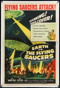 4d0573 EARTH VS. THE FLYING SAUCERS linen 1sh 1956 Ray Harryhausen classic, cool art of UFOs & aliens!