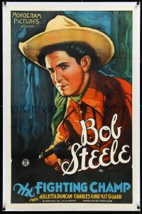 4d0584 FIGHTING CHAMP linen 1sh 1932 incredible art portrait of cowboy Bob Steele with gun, rare!
