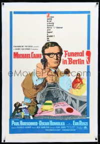 4d0587 FUNERAL IN BERLIN linen 1sh 1967 art of Michael Caine pointing gun, directed by Guy Hamilton!