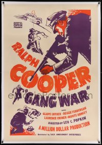 4d0591 GANG WAR linen 1sh 1940 cool art of gangster Ralph Cooper firing machine gun in Harlem, rare!