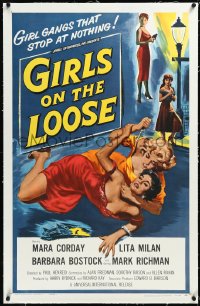4d0597 GIRLS ON THE LOOSE linen 1sh 1958 classic catfight art of girls in gangs who stop at nothing!
