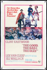 4d0599 GOOD, THE BAD & THE UGLY linen 1sh 1968 Clint Eastwood, Lee Van Cleef, Wallach, Leone classic!