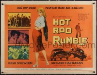 4d0314 HOT ROD RUMBLE linen style A 1/2sh 1957 chicks, car racing drag strip shocks, rock & roll love!