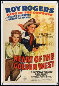 4d0608 HEART OF THE GOLDEN WEST linen style B 1sh 1942 art of Roy Rogers by Ruth Terry shooting gun!