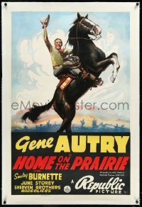 4d0612 HOME ON THE PRAIRIE linen 1sh 1939 art of smiling cowboy Gene Autry on rearing horse, rare!