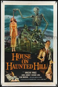 4d0615 HOUSE ON HAUNTED HILL linen 1sh 1959 classic art of Vincent Price & skeleton with hanging girl!