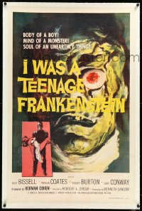 4d0620 I WAS A TEENAGE FRANKENSTEIN linen 1sh 1957 wonderful c/u art of monster + holding sexy girl!