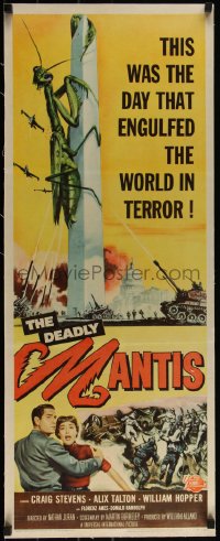 4d0319 DEADLY MANTIS linen insert 1957 classic Ken Sawyer art of giant insect on Washington Monument!