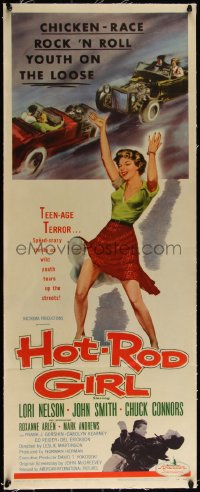 4d0325 HOT ROD GIRL linen insert 1956 AIP, Nelson, sexy dancing bad girl & chicken-race art, rare!