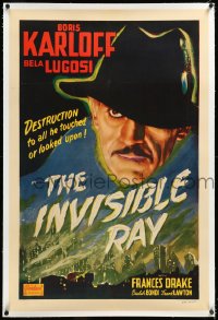 4d0626 INVISIBLE RAY linen 1sh R1948 great image of Boris Karloff looming over city, very rare!