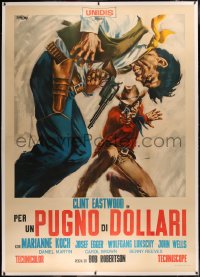 4d0039 FISTFUL OF DOLLARS linen Italian 2p 1964 Leone's Per un Pugno di Dollari, Simeoni art, rare!