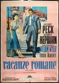4d0042 ROMAN HOLIDAY linen Italian 2p R1960 different art of Audrey Hepburn & Gregory Peck, rare!