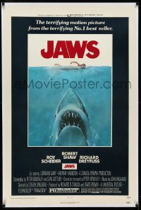 4d0630 JAWS linen 1sh 1975 Roger Kastel art of Spielberg's man-eating shark attacking sexy swimmer!