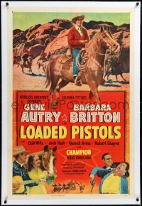 4d0645 LOADED PISTOLS linen 1sh 1949 Gene Autry playing guitar, fighting & riding Champion!