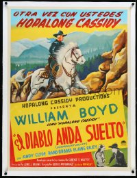 4d0409 DEVIL'S PLAYGROUND linen Mexican poster R1950s art of William Boyd as Hopalong Cassidy, rare!