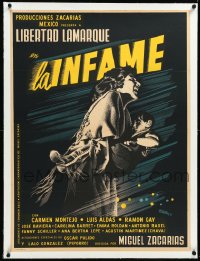 4d0410 LA INFAME linen Mexican poster 1954 Josep Renau artwork of mother running & holding child!